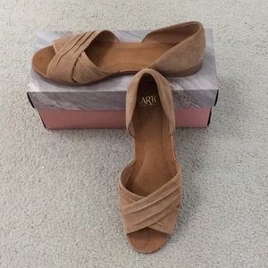 Tan, suede open toe flats